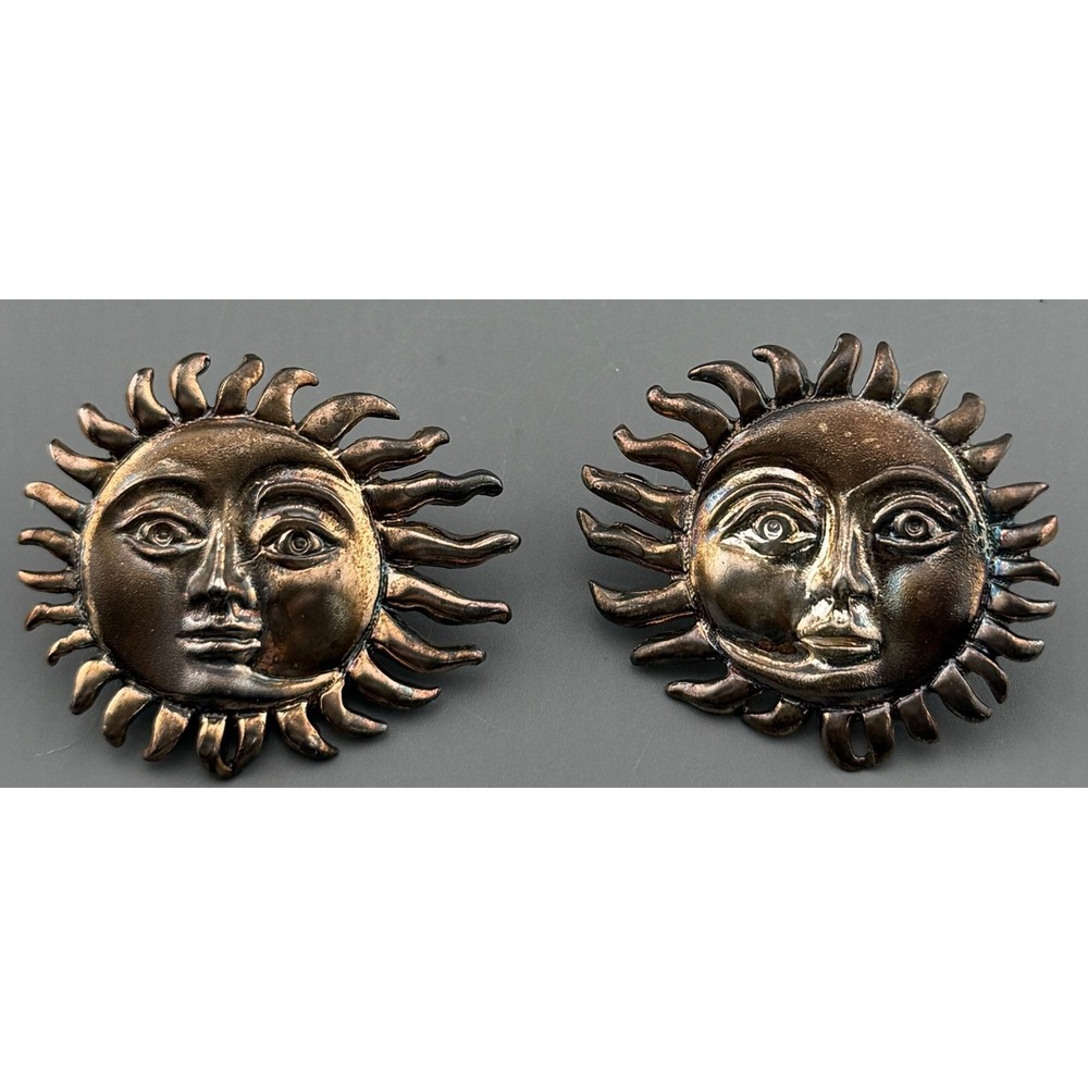 Vintage Taxco Sun Face Sterling Silver Earrings Celestial Heavy 1.5" TM-90